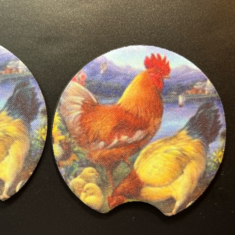 Rooster And Hen Chickens Car Cup Holder Coasters New Set Of 2
